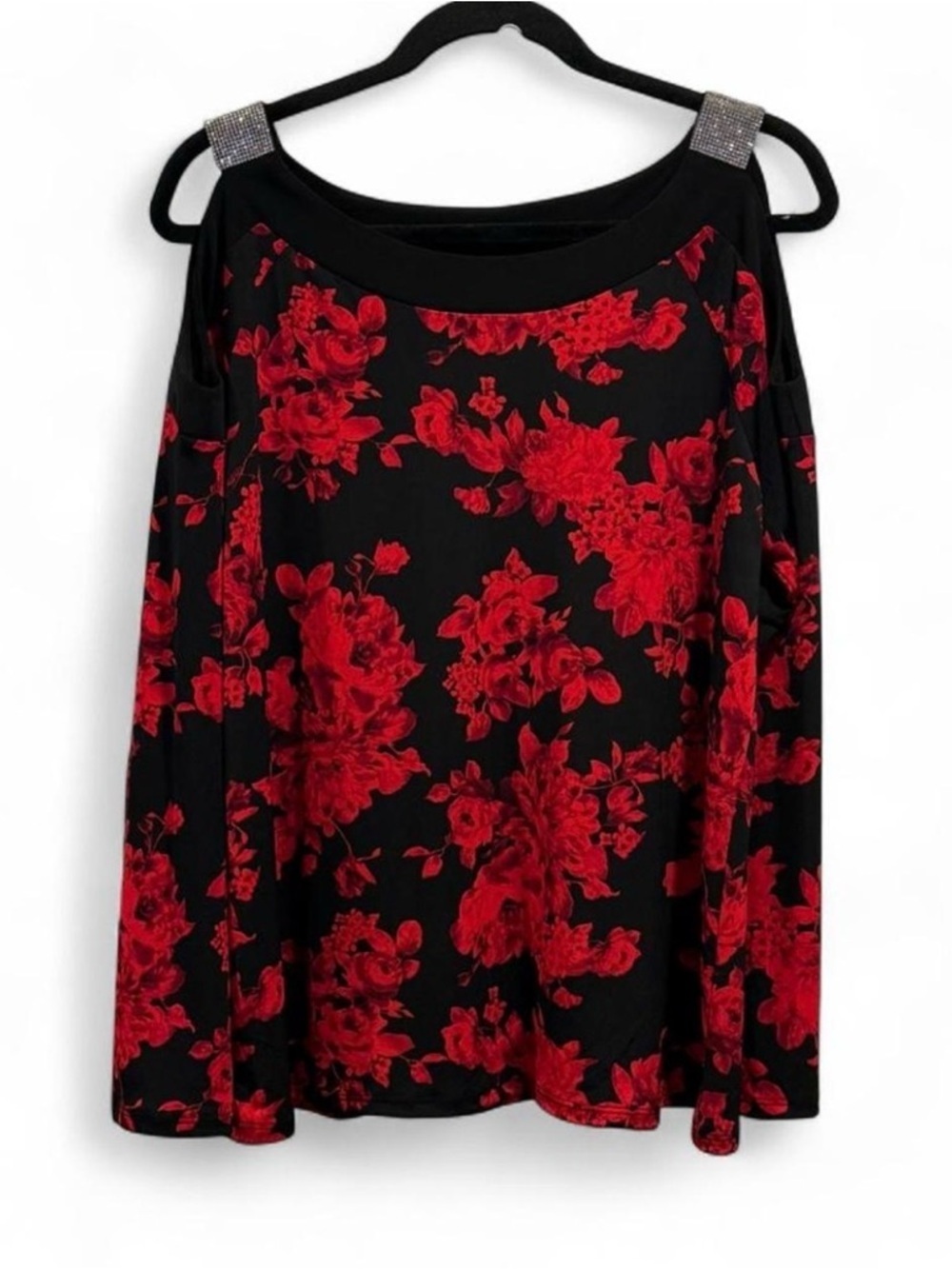 Black Cold-Shoulder Tunic with Red Floral Print and Embellished Straps